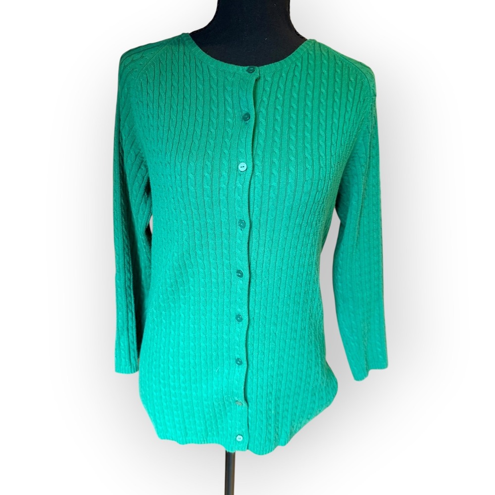 L.L. Bean Green Cable Knit Cardigan M Crewneck Sweater Preppy Classic Casual